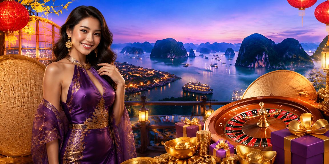 Cảnh Vịnh Hạ Long với nón lá truyền thống và trò chơi Roulette trực tuyến